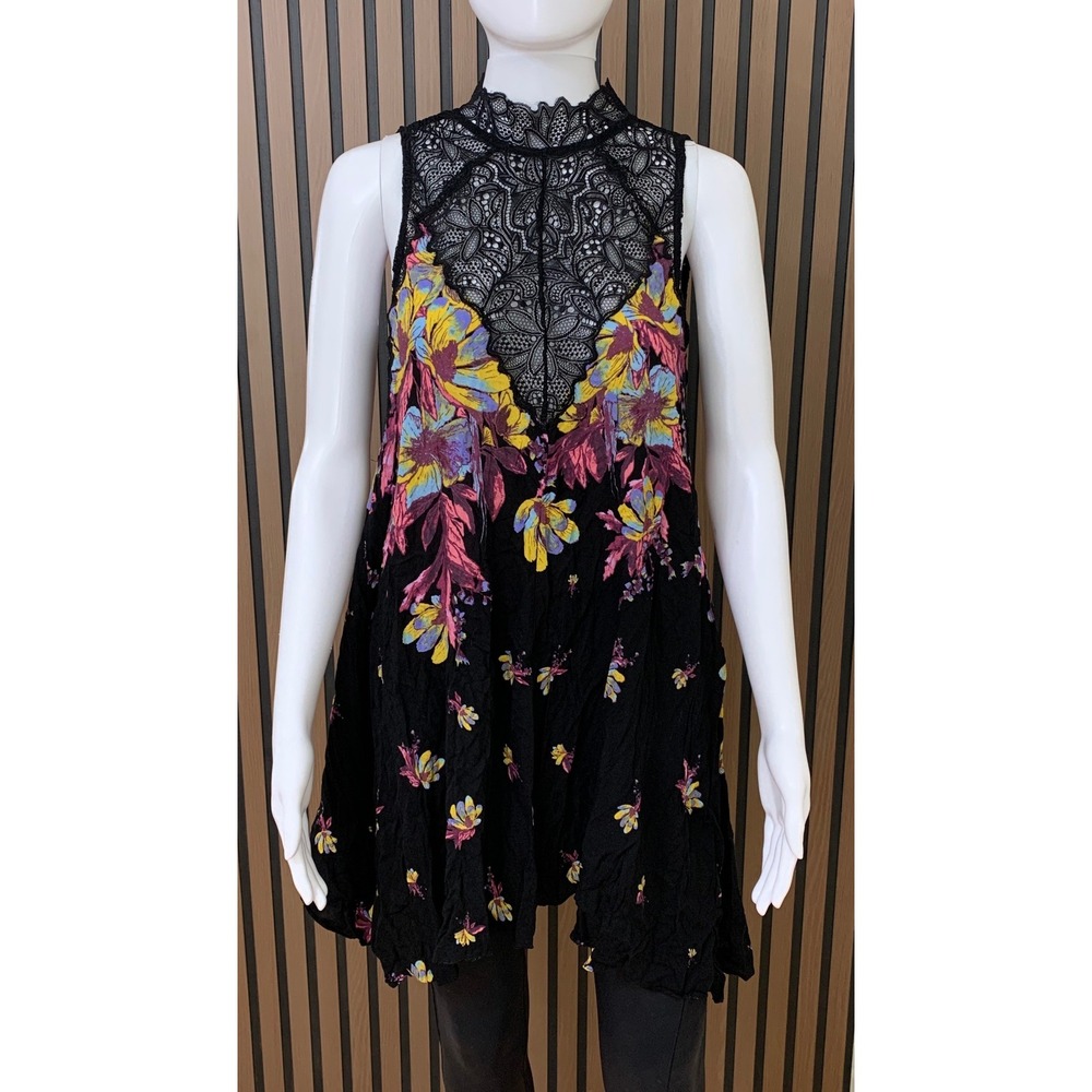 Intimately‎ Free People Black Floral Lace High Neck Tunic Mini Dress Small Boho